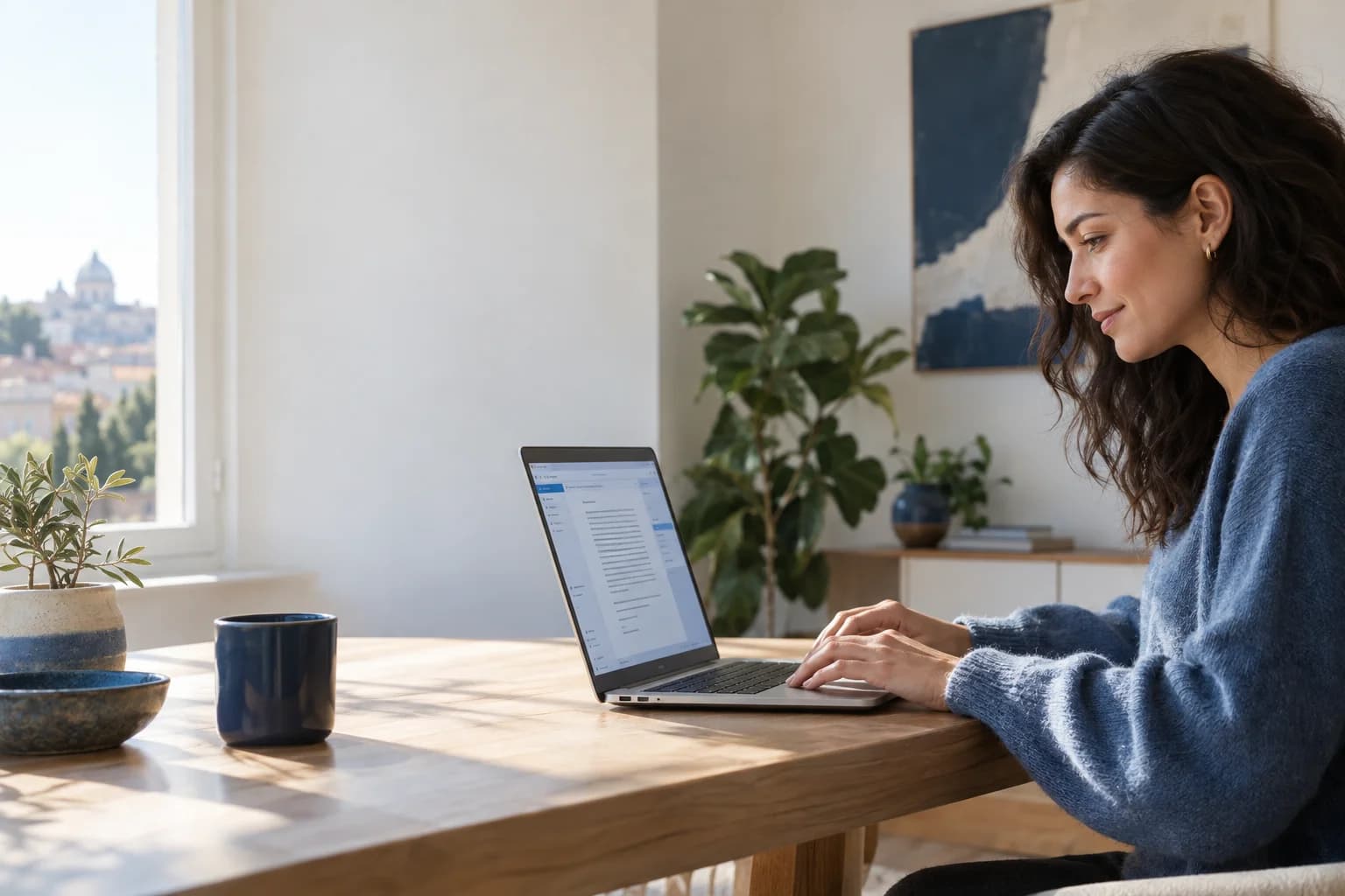Una scrittrice lavora al suo romanzo digitando sul laptop